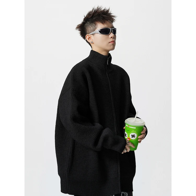 American Style Double Zipper Floral Gray Stand Collar Knitted Cardigan Men Autumn Winter Loose Casual Versatile Black Sweater