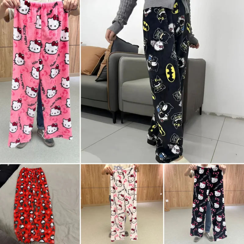 Venda quente sanrio y2k outono hellokitty batman calças de pijama dos desenhos animados hip hop senhoras quente casual estilo natal flanela bonito calças pano