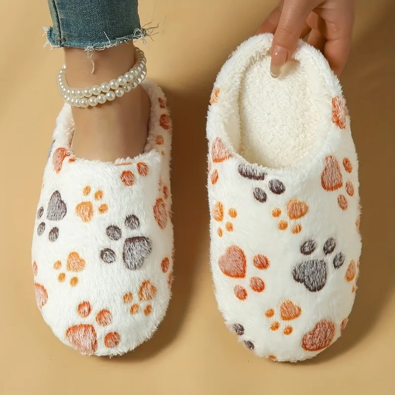Women Cute Cat‑Paw Random Print Fuzzy Indoor Slippers, Fashion Soft Quiet Warm Cotton House Shoes