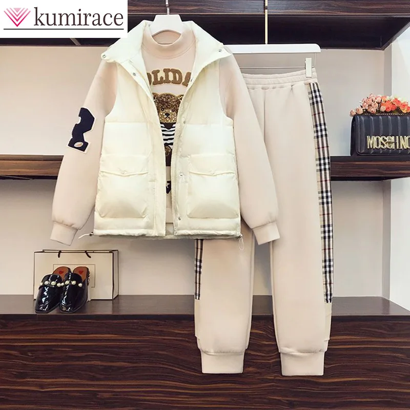 Autumn New Oversized Women's Clothing Korean Version Fashionable Cotton Jacket Vest Three Piece Set with Plush Sports Set