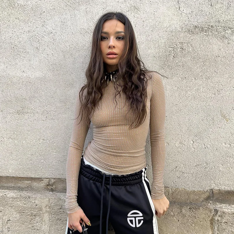 2025 Summer T Shirt Women O-neck Slim Fashion European And American Style Sexy Perspective Long Sleeve Tees Tops Woman Clothes