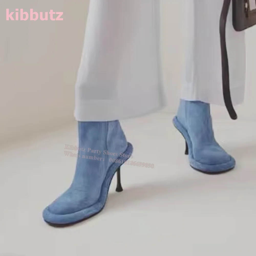 

Bumper Tube Ankle Boots Genuine Leather Solid Blue Suede Slip-On Round Toe Thin Heel Fashion Sexy Concise Women Shoes 2023 New