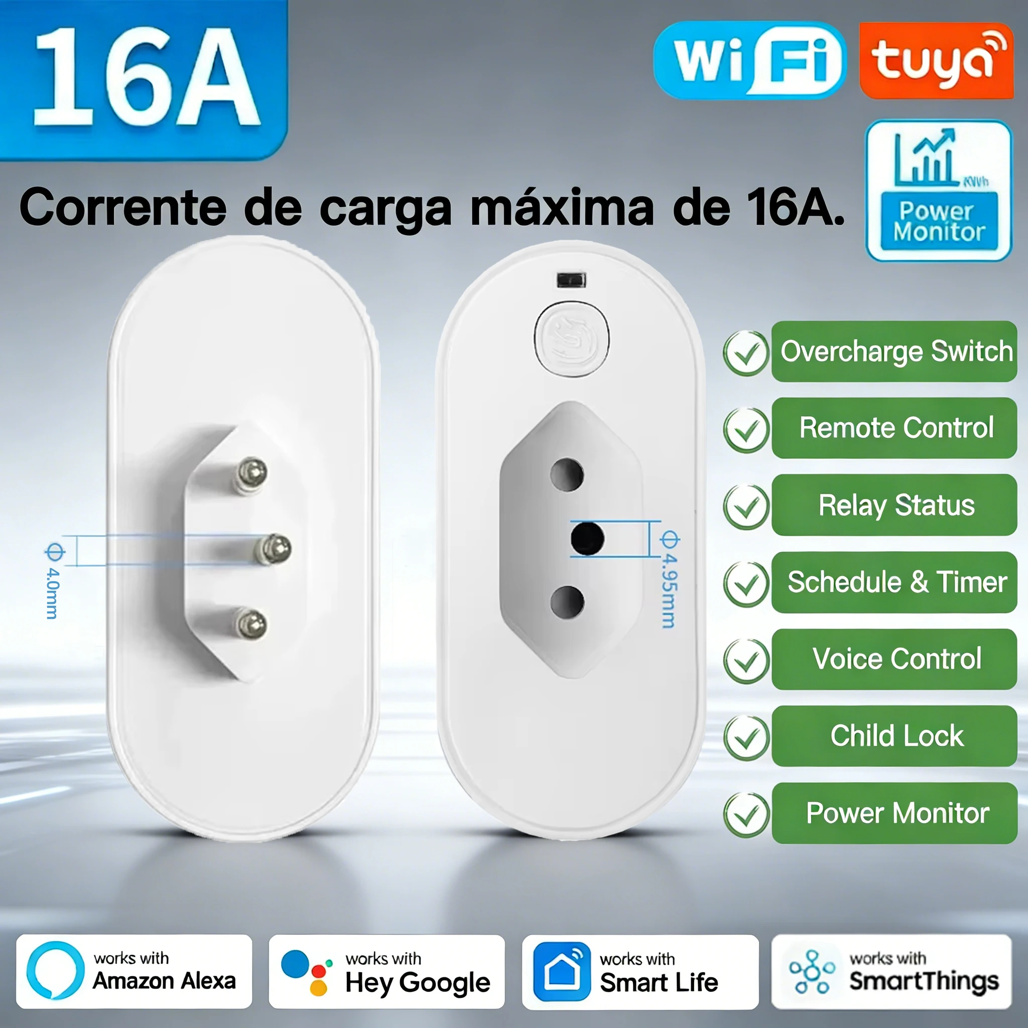 

Tuya Smart WiFi Plug 16A brazil socket with power monitor, With Timing Voice Smart control outlet,Works with Google home alexa
