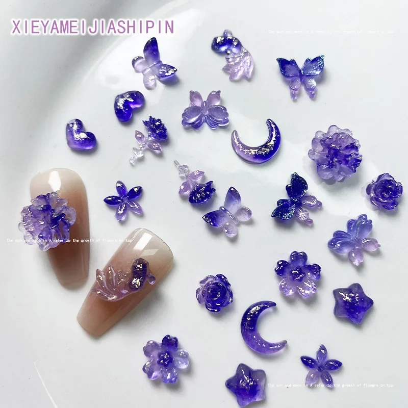 20pcs 3D Kawaii Clear Purple Resin Nail Art Charms Resin Exquisite Flower Butterfly Nail Rhinestones Decorations DIY Accessories