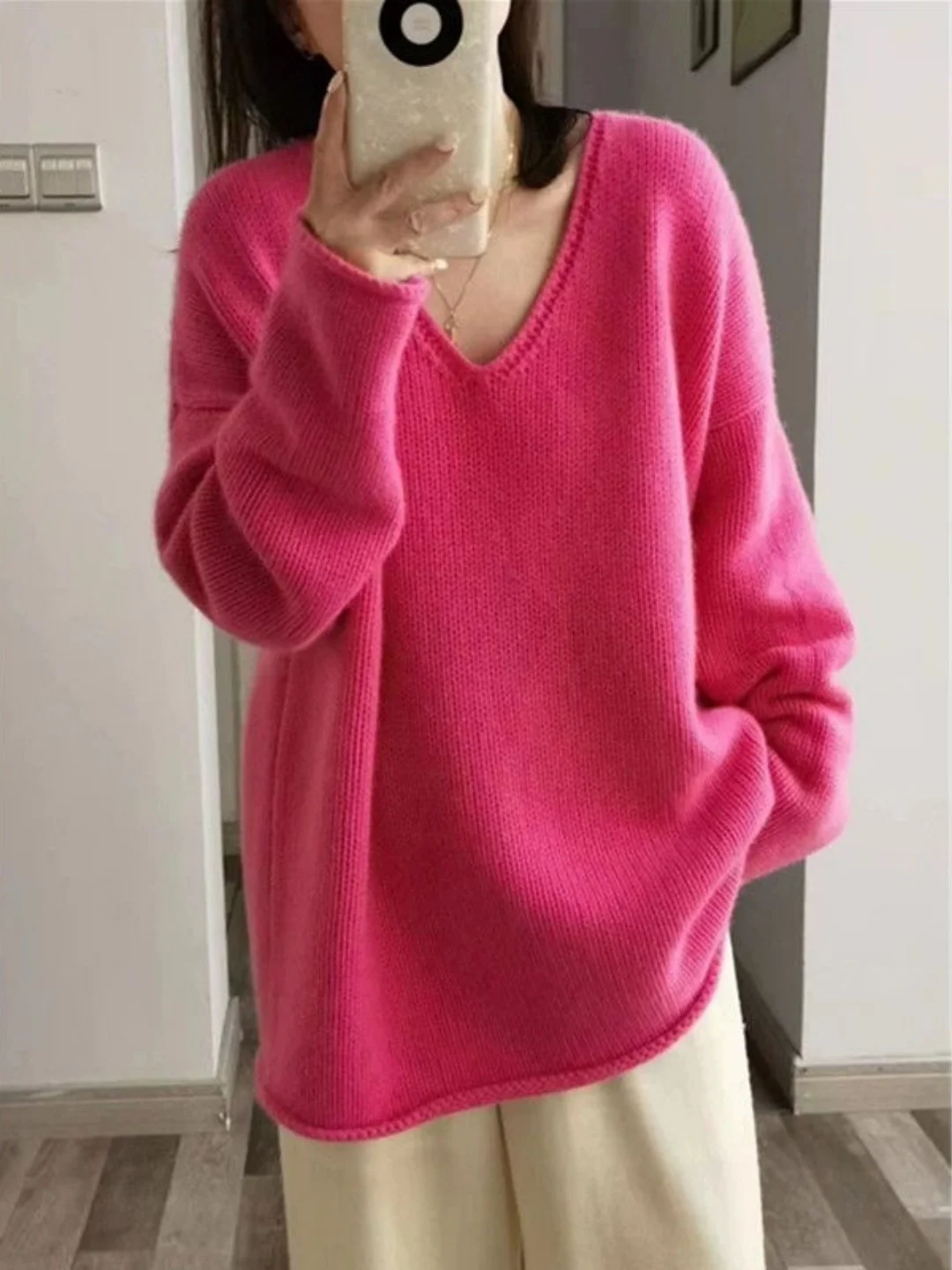 

Dopne Sle V-Ne Knitwear Women's Youthful Loose Long-Sve Pullover Soft Korean Version Comfortable All-Season Sweater