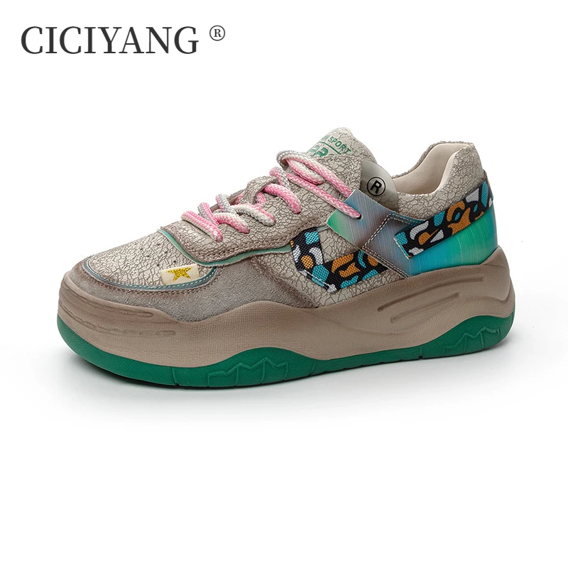 

CICIYANG Women's Sneakers Genuine Leather 2024 New Spring Casual Shoes Ladies Lace-up Platform Shoes Women Color-match Sneakers