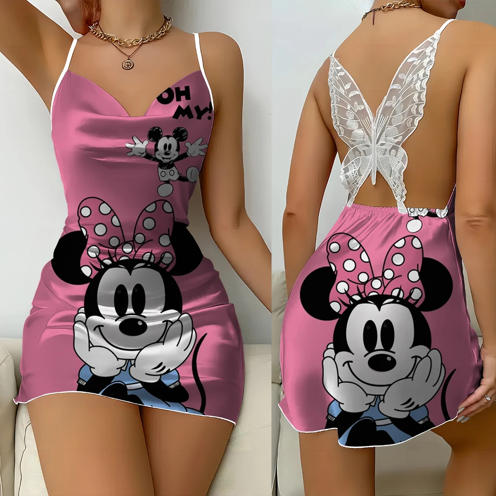 

2024 Ladies New Disney Mickey Minnie Printed Suspender Backless Lace Nightdress Fashion Sexy Mini Skirt Ladies Home Clothing