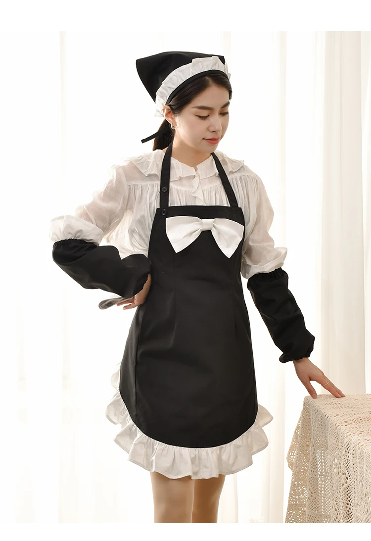 Apron Set Black French Household Kitchen Canvas Waterproof Sleeves Triangle Headscarf Work Clothes Soild Arder Lotus Leaf  Edge