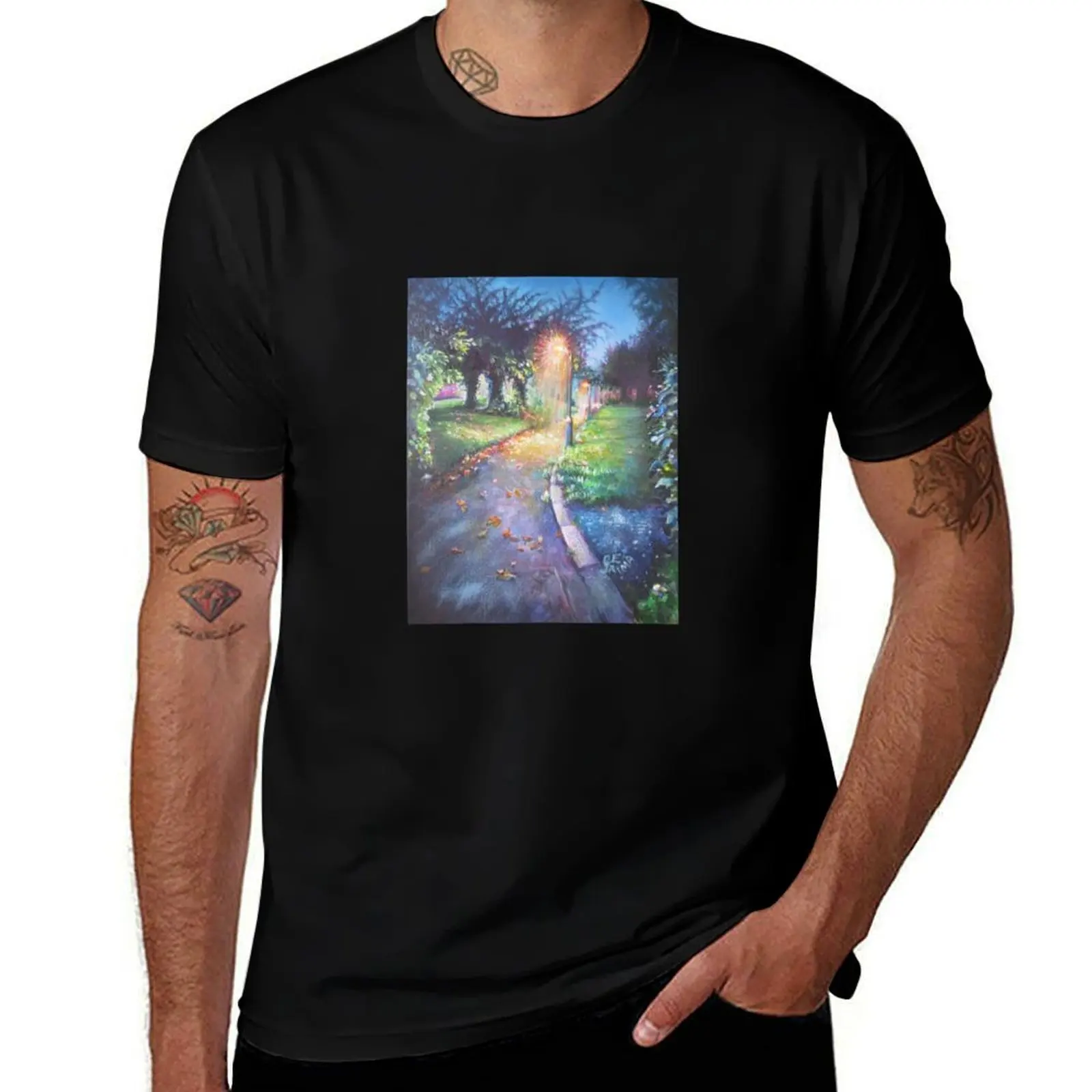 

Autumn by Street light - dawn leaves glow pathway T-Shirt baggy shirts tees shirts graphic tee funny t shirts men
