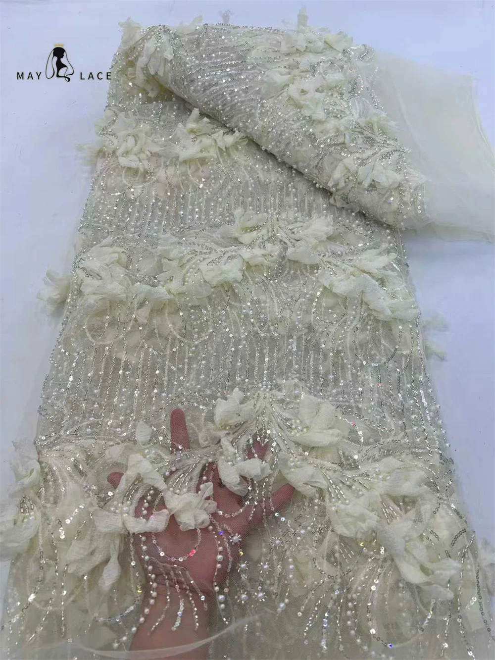 

Hot 3D Flower African Beaded Lace Fabric 5 Yards 2026 France Nigeria Sequins Tulle Lace Fabric for Wedding Party Evening Gowns