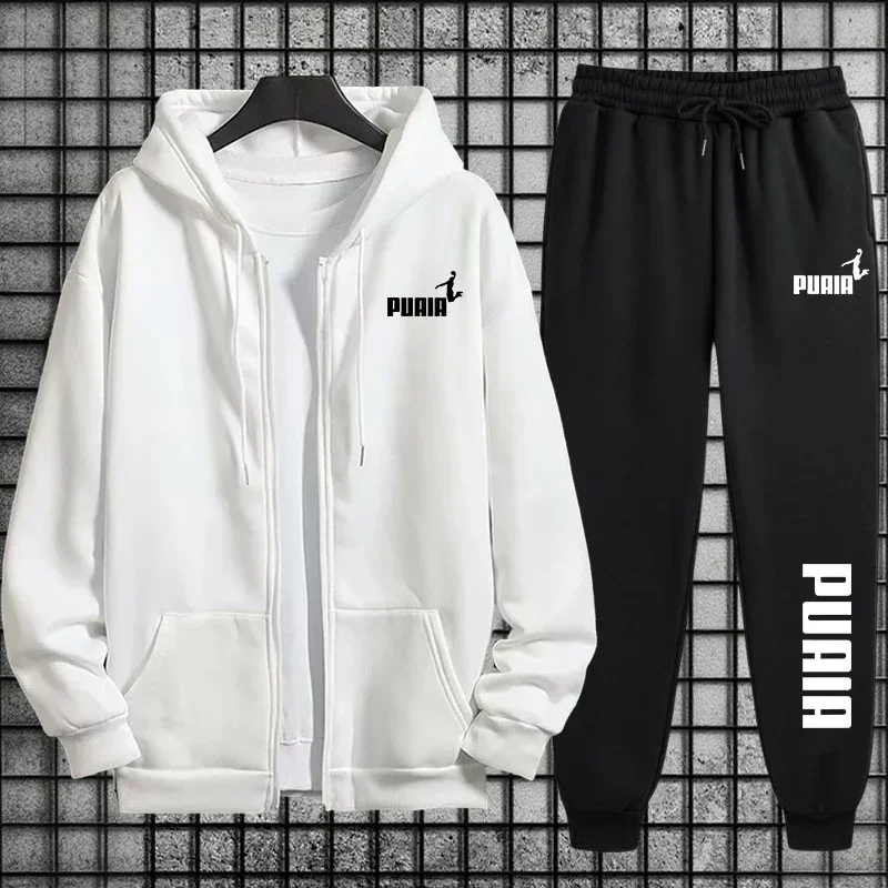 

New autumn and winter men's and women's sportswear trends: Printed hooded sweatshirt and long pants 2-piece set, daily casual zi