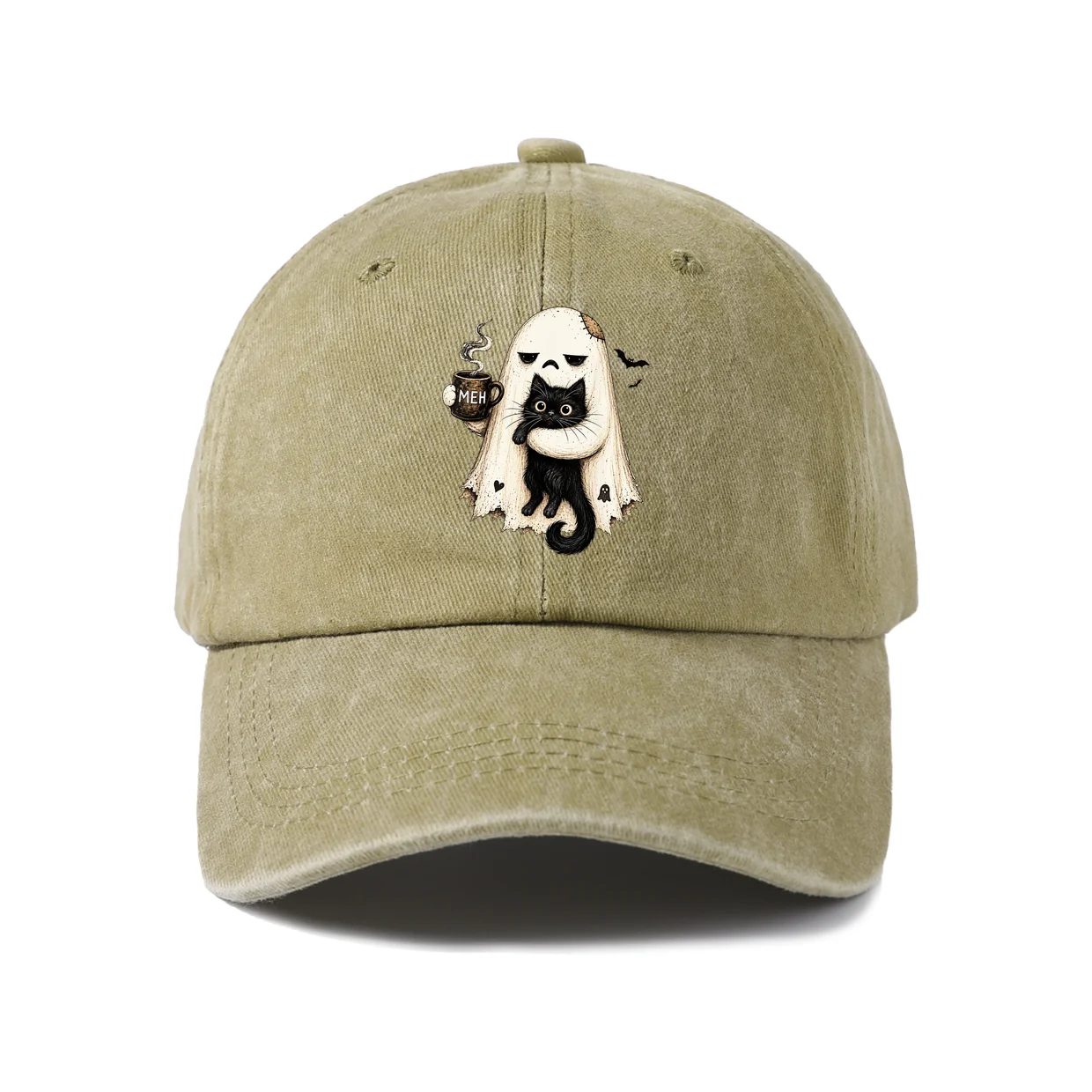 Vintage Washed Coffee Ghost Graphic Baseball Cap, Adjustable Unisex Dad Hat, Halloween Coffee Lover Gift