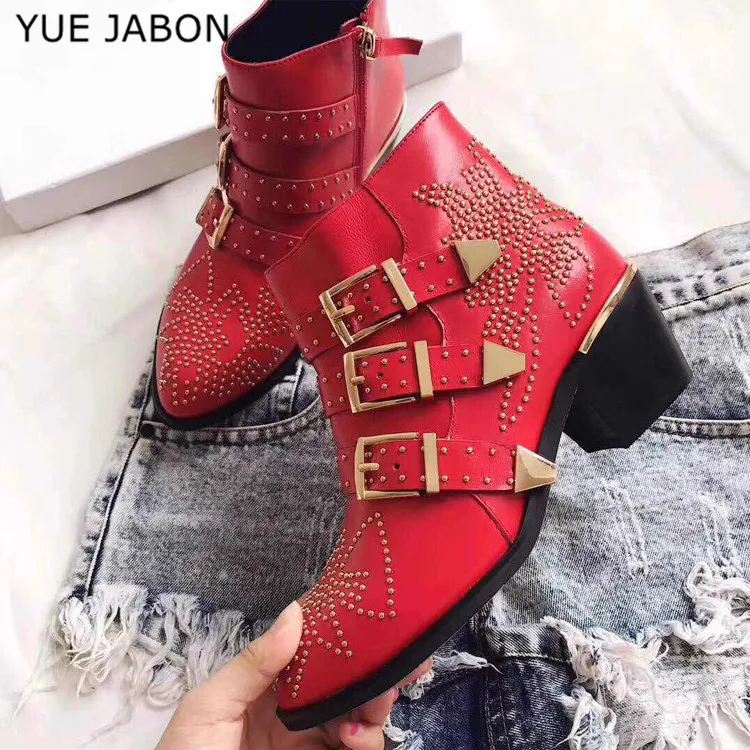 

Spring&Fall Studded Leather Buckle Ankle Boots Women Round Toe Kitten Heels Shoes Women Embellished Short Boots Zapatos Mujer