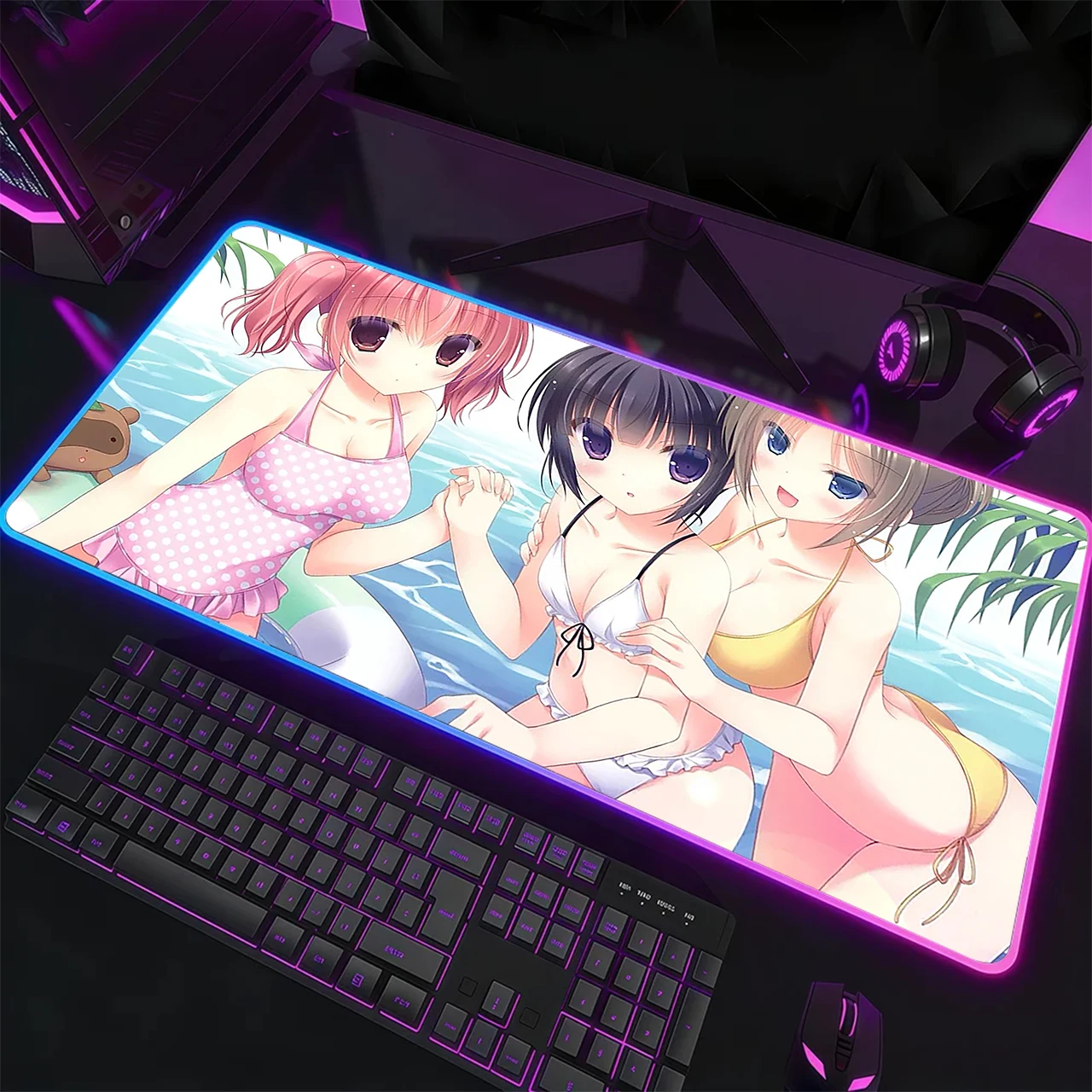 

RGB Gaming Mouse Pad,Anti-slip,Stitched Edges,Soft Rubber,Anime Bikini Beach Girls Deskpad For Office Desk & Home Use