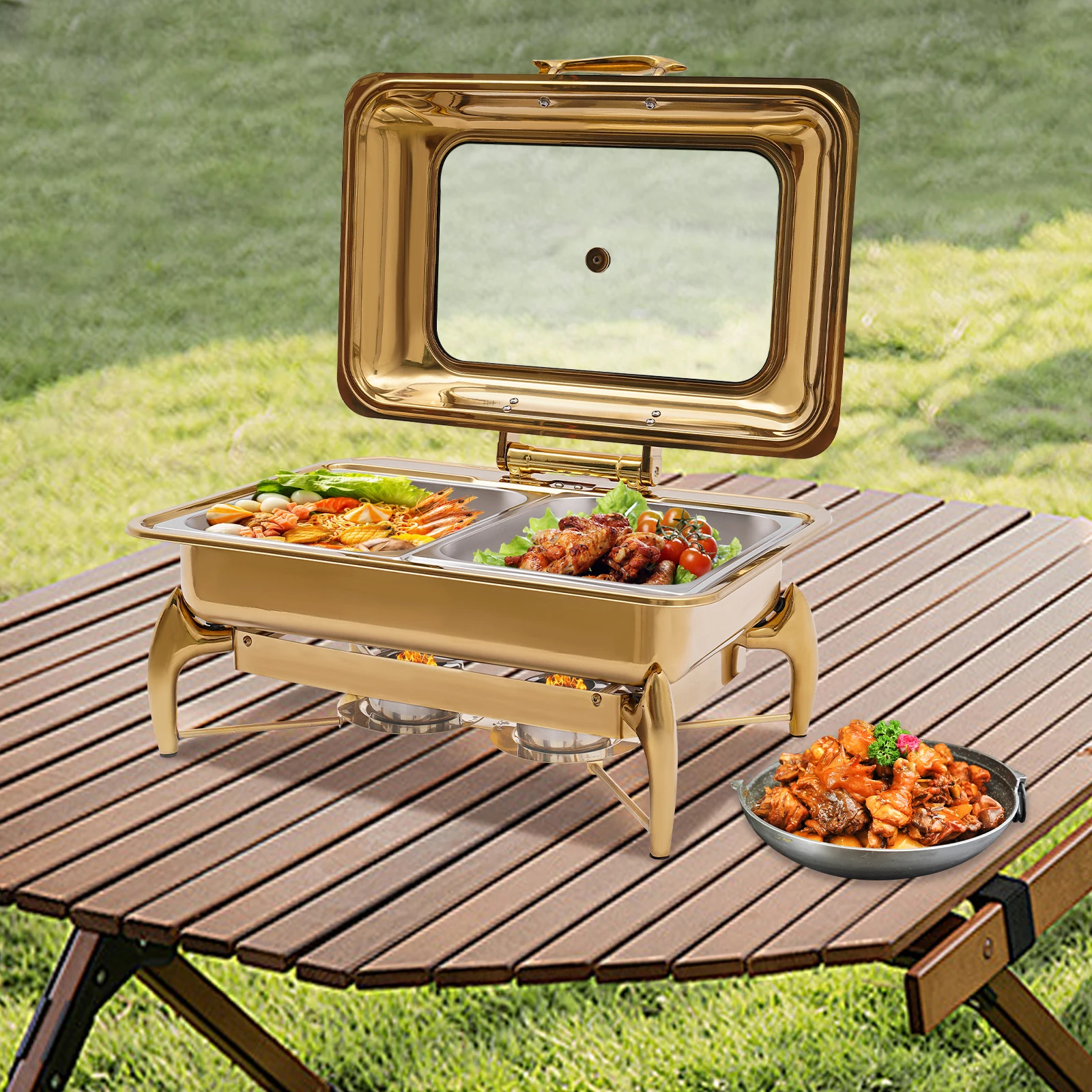 Juego de buffet de plato de frotamiento de doble compartimento rectangular dorado de 9 litros, plato para servir para cocina y comedor - 90 ° Ángulo de apertura, 58,5x44x30cm