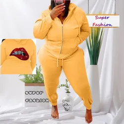 Conjunto de chándal de talla grande para mujer, chándal de manga larga con capucha y pantalón, ropa deportiva de Color sólido, venta al por mayor, XL-5XL, invierno, 2022