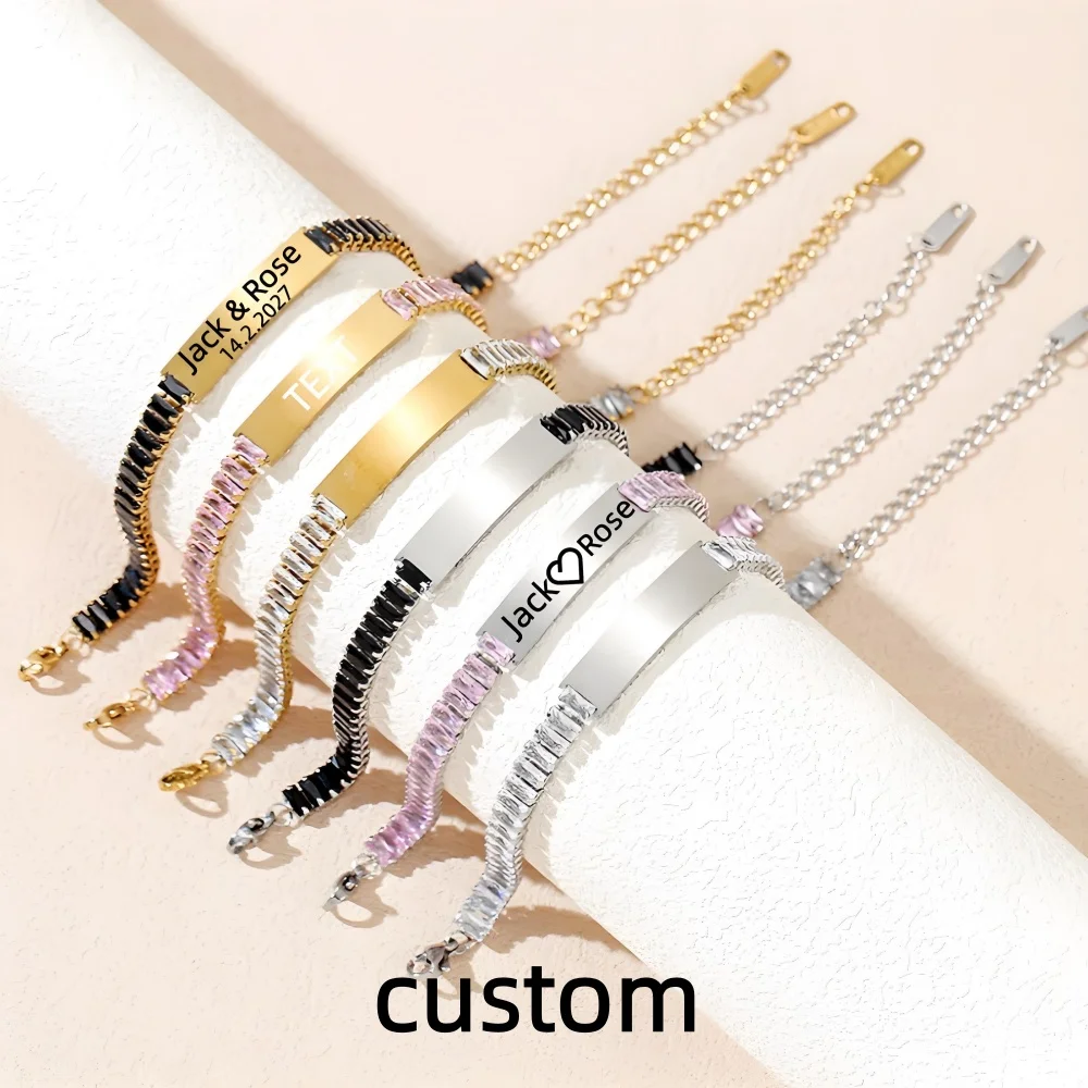 

Индивидуальные браслеты из нержавеющей стали, теннисные браслеты с именем, ID-надписью, логотипом, персонализированные, 18-каратное золото, подарок для женщин, свадебные сувениры, украшения.