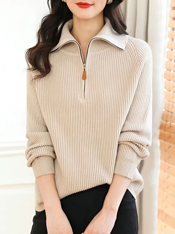 

Korean Style Loose Knitted Half Zip Slim Fit Striped Sweater Autumn Winter Outerwear High Collar Pullover Thick Long Sleeve Top