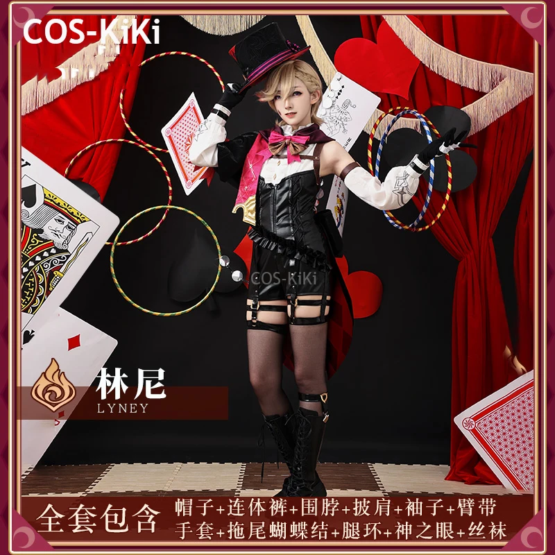 COS-KiKi Genshin Impact Lyney Magician Game Suit Cosplay Costume Gorgeous Jumpsuits Halloween Party Role Play Outfit S-XXL