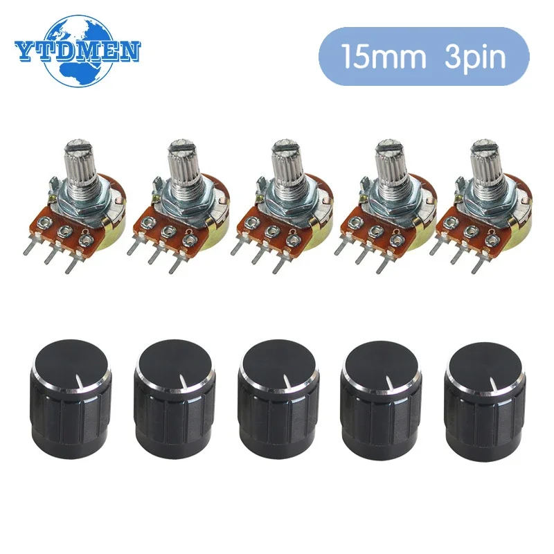 5Set WH148 15mm 3pin Linear Potentiometer 1K 2K 5K 10K 20K 50K 100K 250K 1M with Black Aluminum Alloy Knob Cap Potentiometer Kit