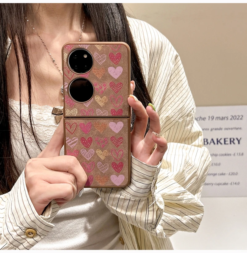 Anti Drop Folding Screen Colorful Love Handheld Chain Phone Case For Samsung Zflip 6/5/4/3,Motorola Razr 50 Ultra,Xiaomi Mixflip