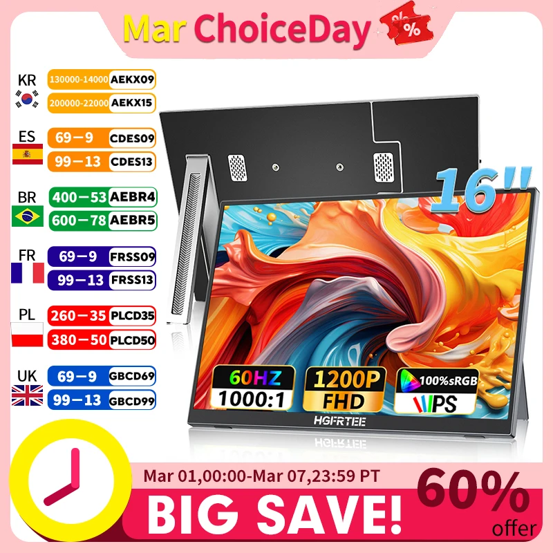 

Портативный монитор HGFRTEE 16 дюймов, 100% SRGB, 1200P, FHP, IPS для ноутбука, Mac Surface, ПК, PS4/PS5, Xbox, встроенные колонки, установка VESA