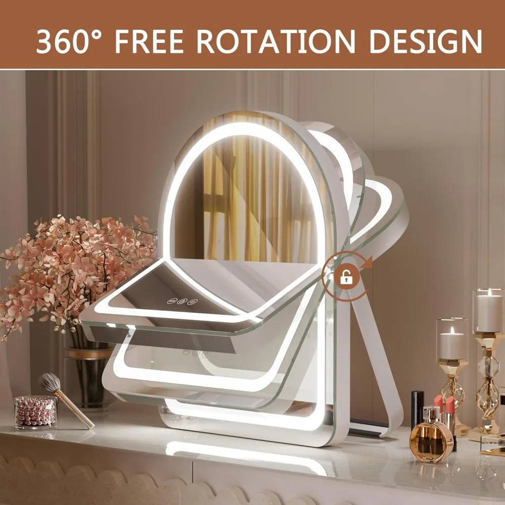 11x14 Arched LED Vanity Mirror with Touch Control, Dimmable Lights, 360 Rotation - White