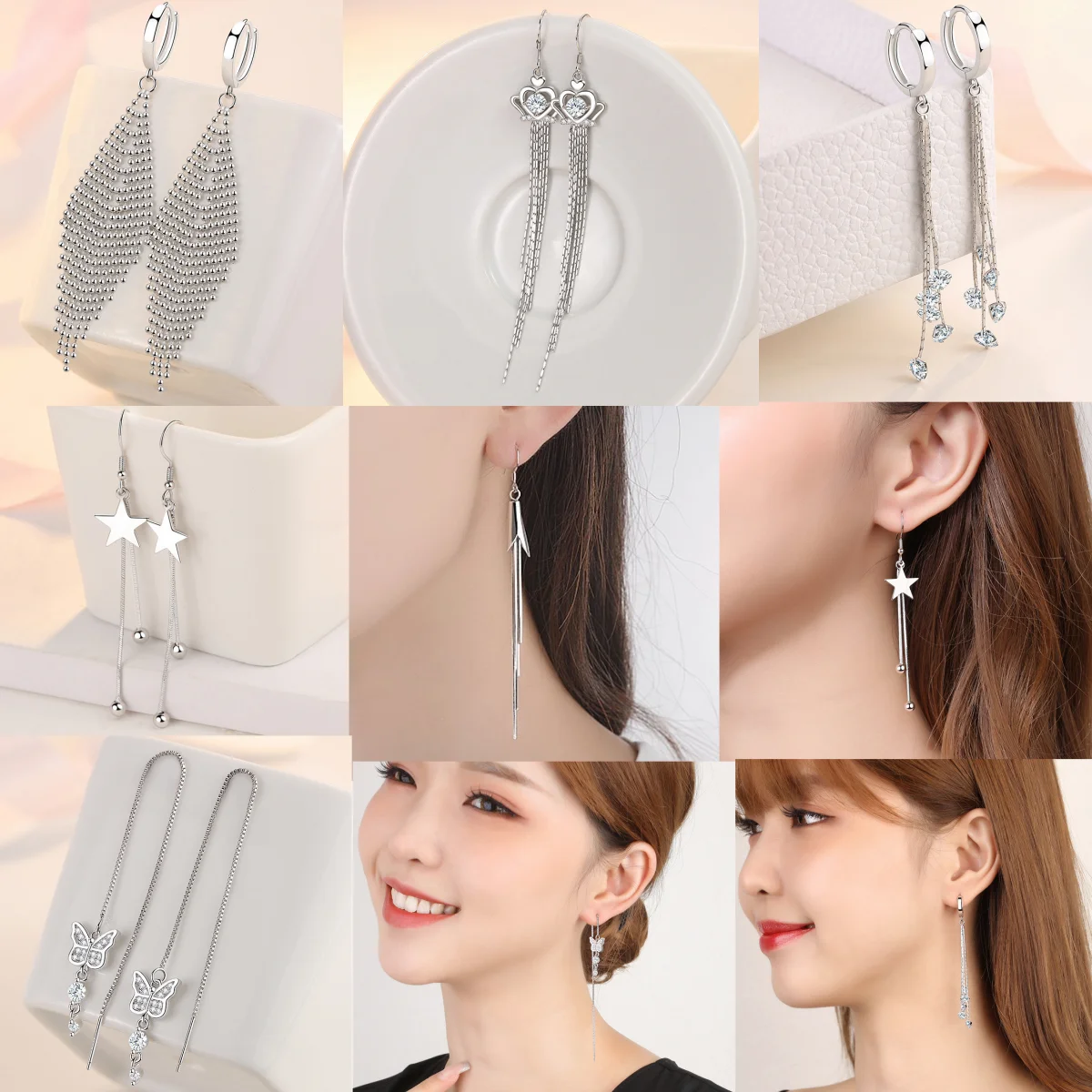 

New fashionable women's jewelry 925 sterling silver sparkling star horseshoe long tassel earrings ear buckle suitable for women'