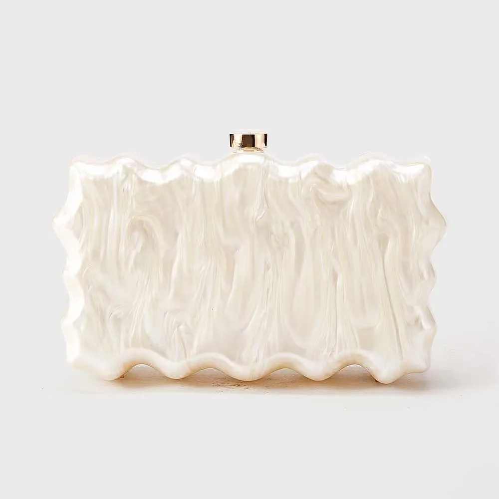 

2026 New Acrylic Wave Edge Evening Bag Pearl White Celebrity Style Party Wedding Banquet Clutch Shoulder Bag for Women Wholesale