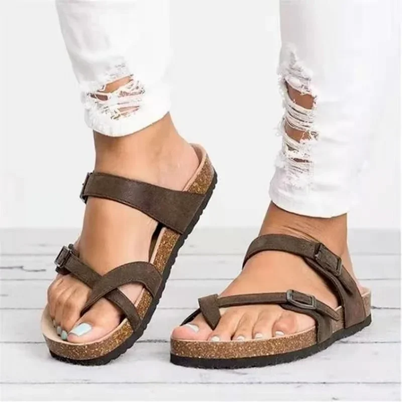 Women Sandals Cork Slippers Roman Buckle Flats Gladiator Sandals Summer Lovers Flip Flops Outside Beach Slides Black Brown Beige