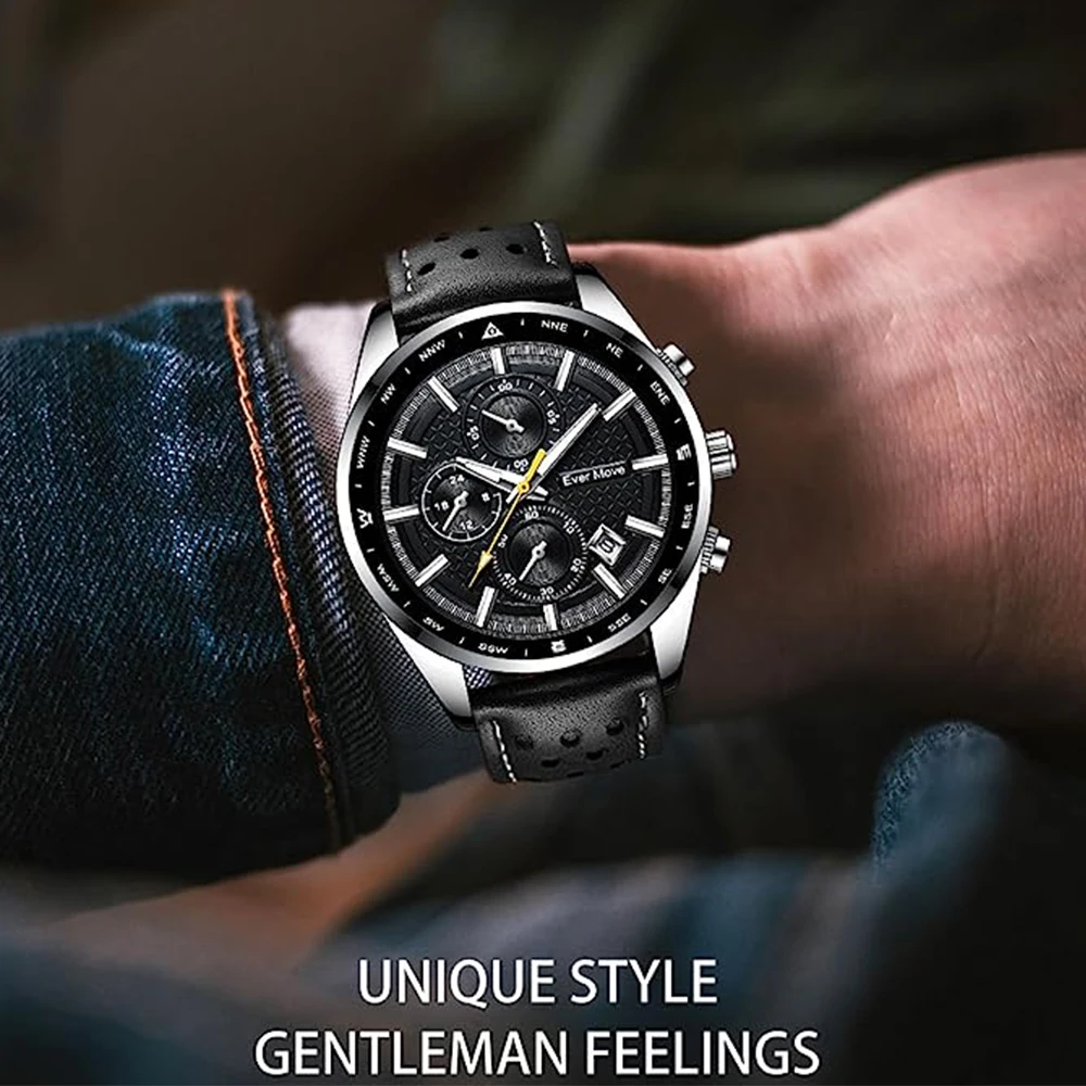 Ever Move Top Luxury Watches for Men Fashion Sport Chronograph Quartz Wrist Watches Male Retro Leather Strap Waterproof Clock