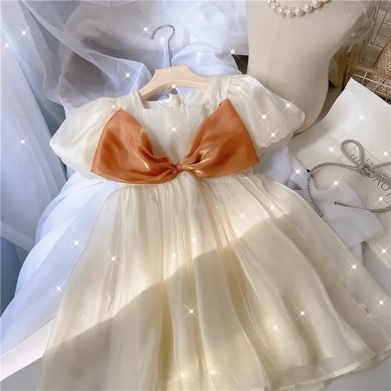 Fashion Kids Clothes Children's Twilight Cloud Yarn Puff Short Sleeve Patchwork Big Bow Simplicity Square Collar Princess Dress