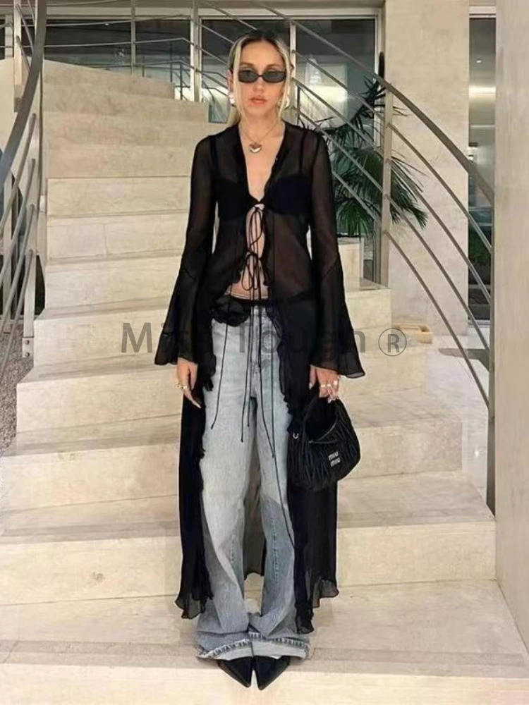 Cárdigan largo transparente para mujer, ropa de calle con cuello en V, Tops de vendaje estético Chic, blusa delgada, Vintage, Grunge, negro, Y2k,