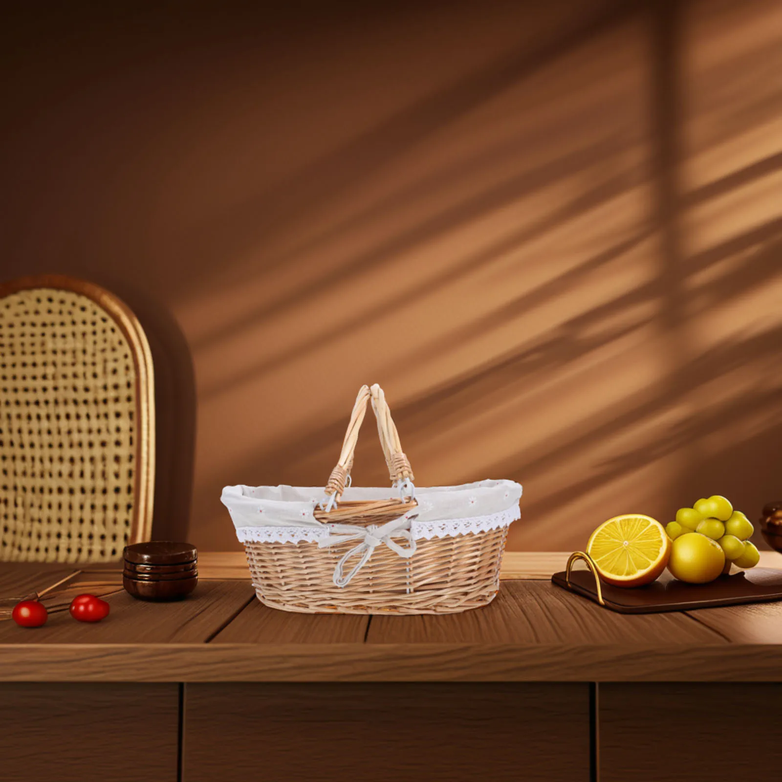 

Rattan Storage Basket Fruit Flower Cute Picnic Carrying Wicker for Table Baskets with Handles