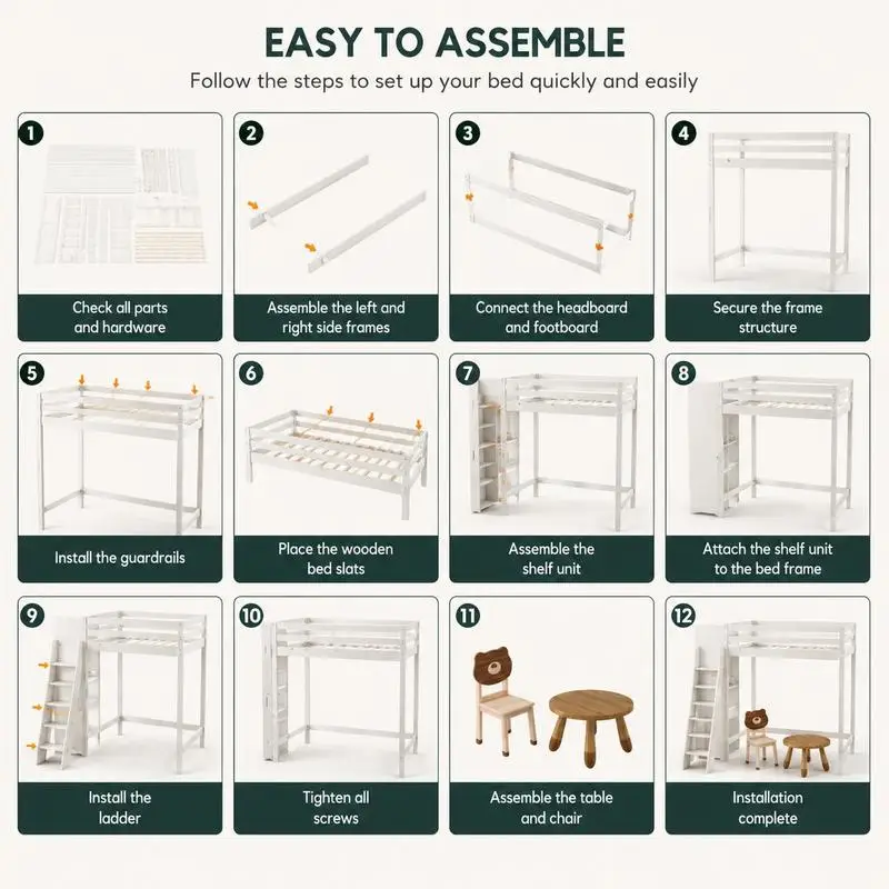Lit mezzanine avec armoire et 6 étagères, lit simple 90x200 cm, structure en bois blanc avec lattes, design gain de place pour chambre à coucher, charge maximale 120 kg