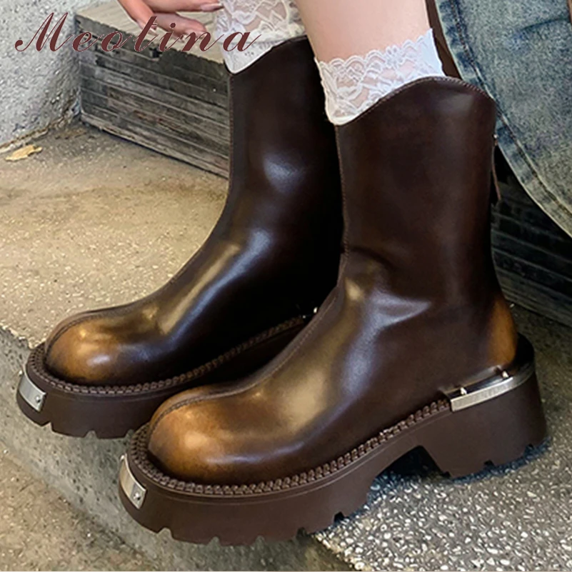 

Meotina Women Genuine Leather Ankle Cowboy Short Boots Round Toe Thick High Heels Zipper Western Cowgirl Boots Lady Shoes Winter