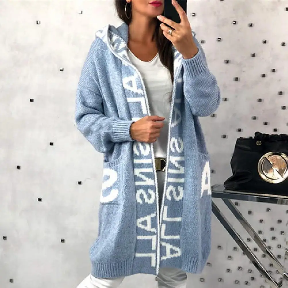 

Women Autumn Sweater Coat Hooded Pockets Letter Print Knitted Long Sleeve Jumpers Loose Winter Long Coat Sweater