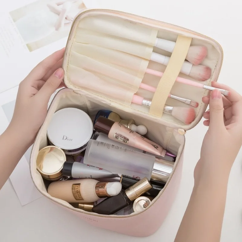 Bolsa de cosméticos grande de cuero PU para mujer, estuche de belleza impermeable con cremallera, organizador de maquillaje y lavado de viaje