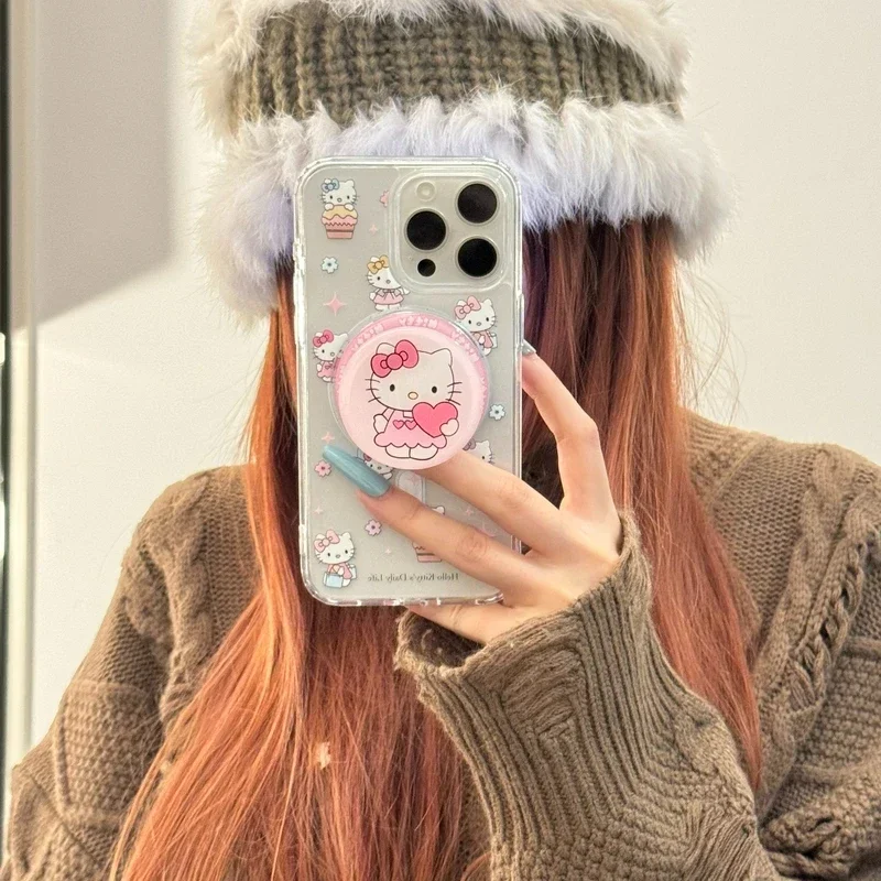 Cute Sanrio Hello Kitty Magnetic Bracket Magsafe Wireless Charge Phone Case For IPhone 15 14 13 12 11 Pro Max Clear Hard Cover