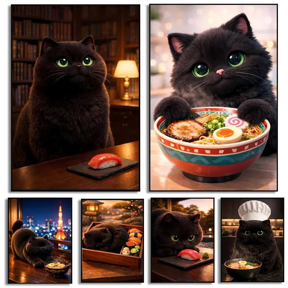 Multiple sizes 1pc frameless Canvas Painting Black Cat Japanese Food Art Poster Cute Kitten Prints Canvas Painting Black Cat Wal