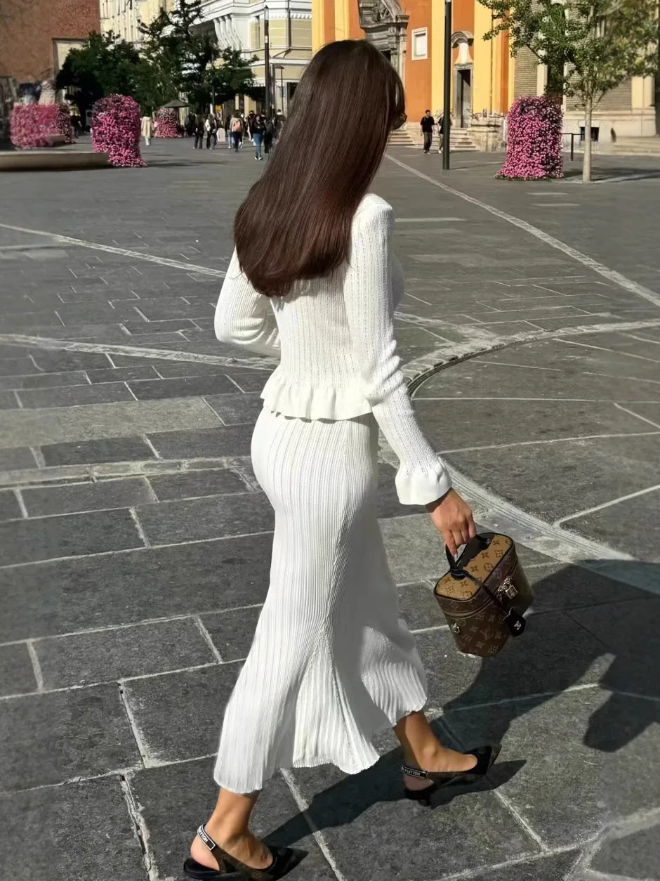 Faionable Slim Fit Fi Tail Skirt Set Women's Ele High Waist Knitted Long Sve Long Dr Two Piece Suit Autumn Season