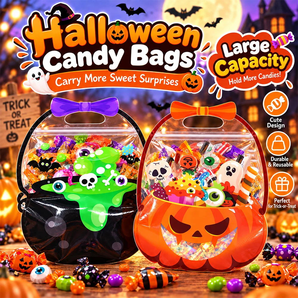 5/10/20 Stück Halloween-Süßigkeitentüten mit Griffen, wiederverschließbare Plastiktüten für „Trick or Treat“, große Geschenktüten für Süßigkeiten. – Detail 1