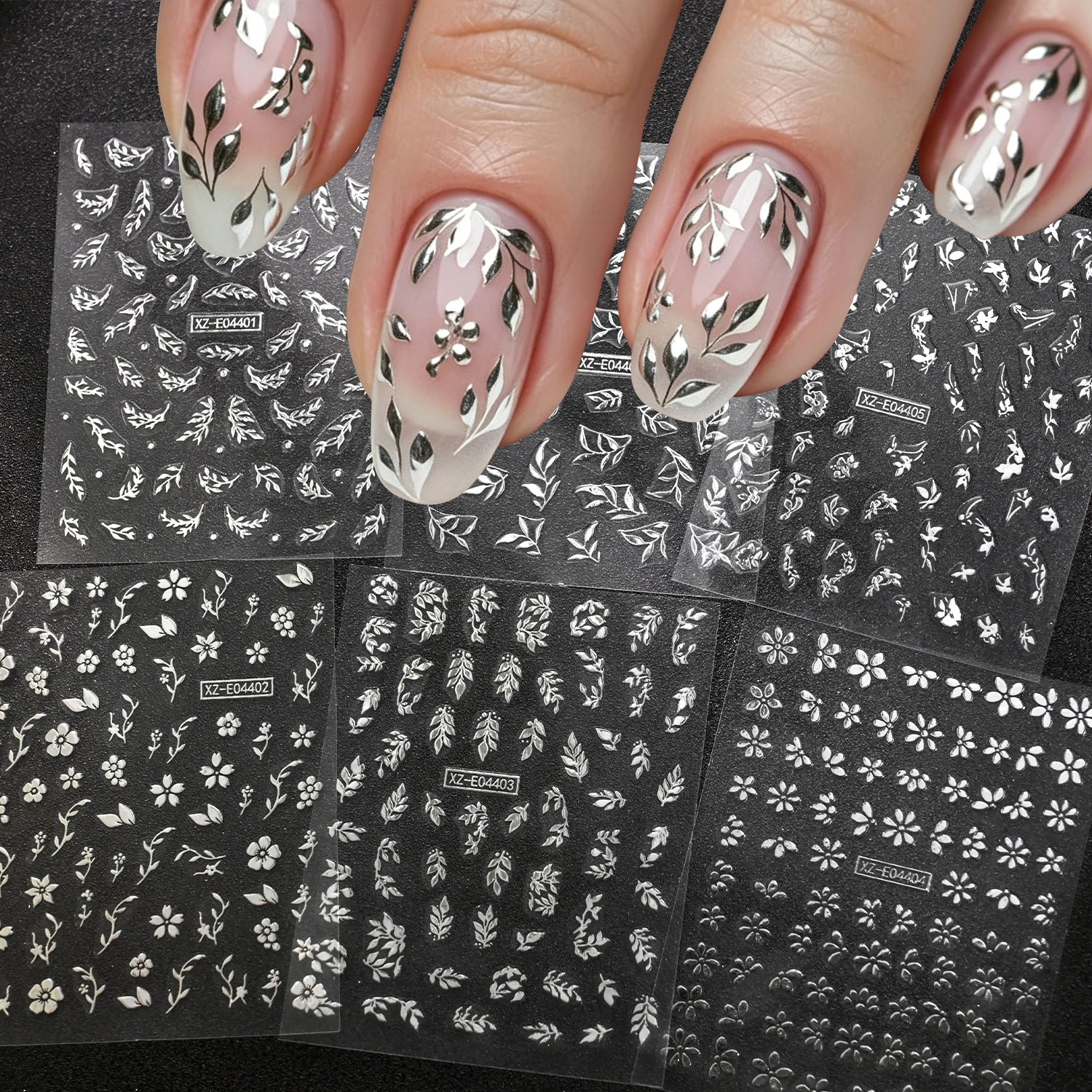 6Pcs 3D Metallic Silver Leaf Flower Nail Art Stickers Vintage Botanical Branch Cherry Blossom Nails Decal Luxury Manicure Slider