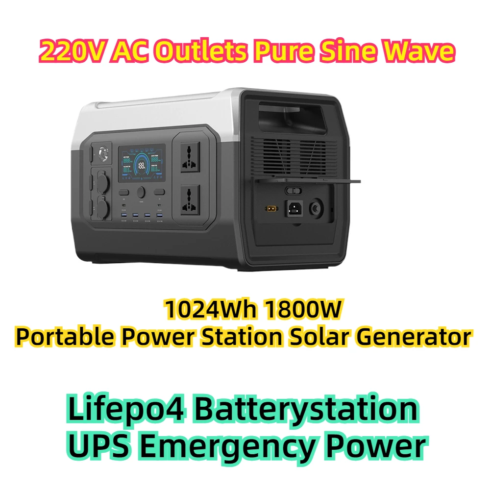 

Lifepo4 Batterystation UPS Emergency Power 220V AC Outlets Pure Sine Wave 1024Wh 1800W Portable Power Station Solar Generator