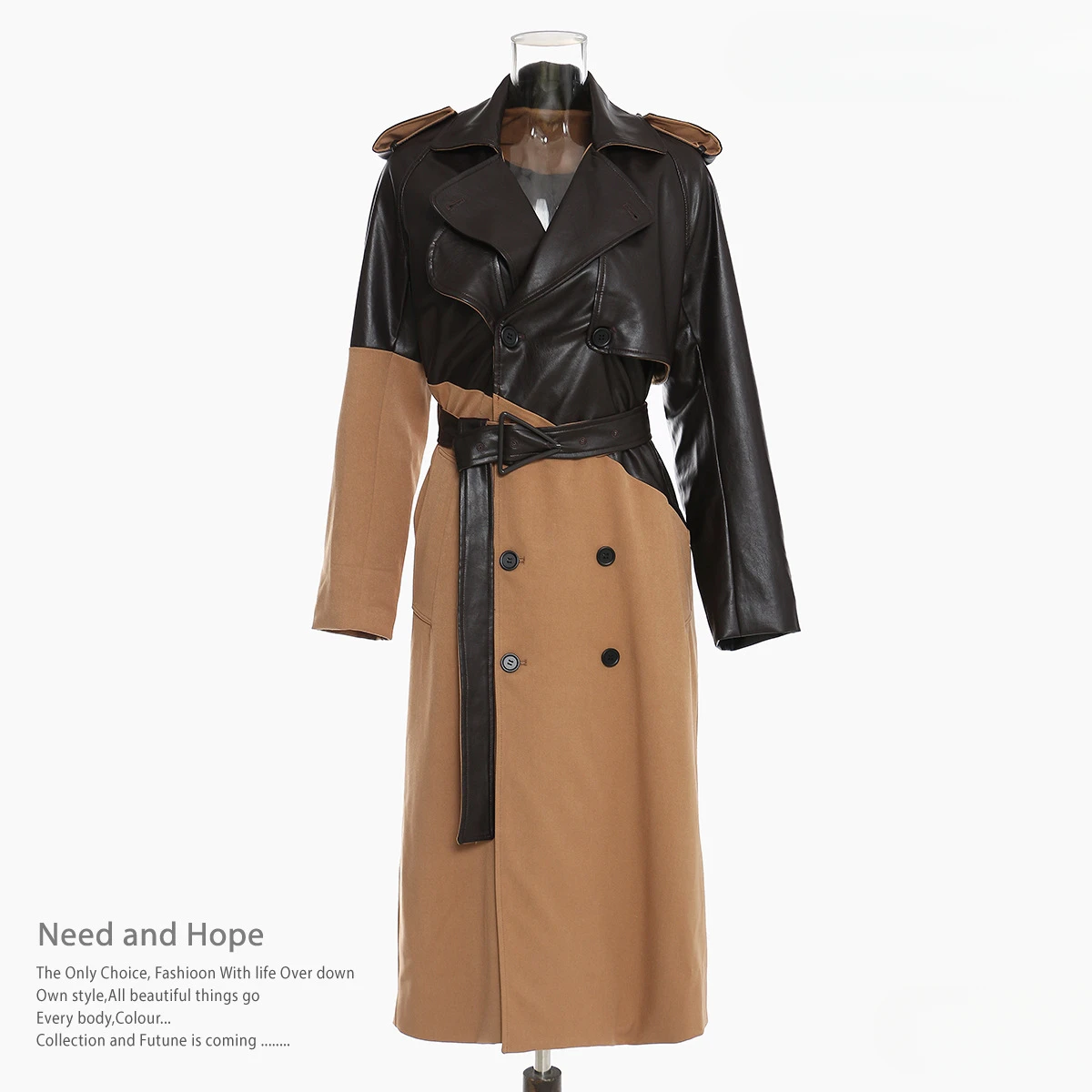 

2024 Spliced leather trench coat women's mid-length temperament over the knee strap waist khaki color matching temperament