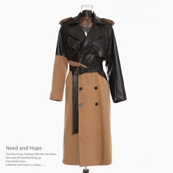 2024 Spliced leather trench coat women's mid-length temperament over the knee strap waist khaki color matching temperament