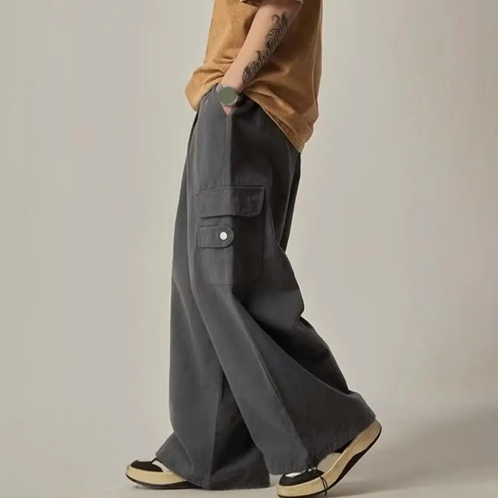 Solid Color Men Pants Men's High Street Style Cargo Pants with Wide Leg Drawstring Elastic Waist Multi Pockets Solid for Daily