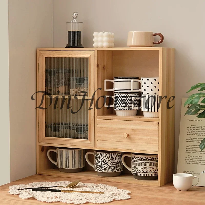Pinewood Desktop Organizer  Stable Teaware Storage Cabinet  Dustproof Skincare Holder Spacious Cup Stand