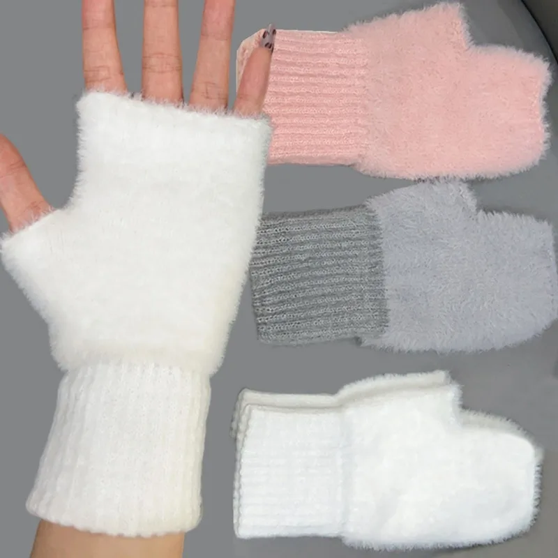 Mink Fleece Fingerless Gloves Winter Women Girls Plush Warm Half Finger Gloves Soft Comfortable Outdoor Gloves Fashion Accessory