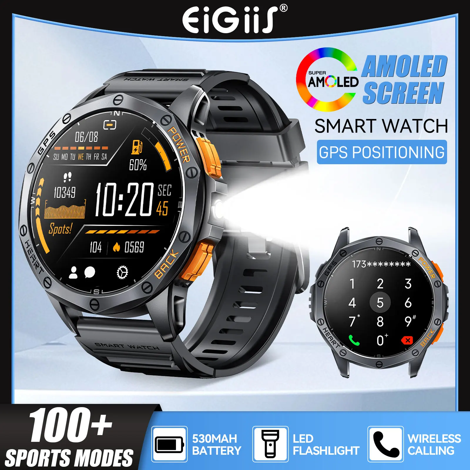 

EIGIIS New Military Smart Watch for Men with LED Flashlight Compass 1.43” AMOLED Display Modes Rugged Smartwatch for iOS Android